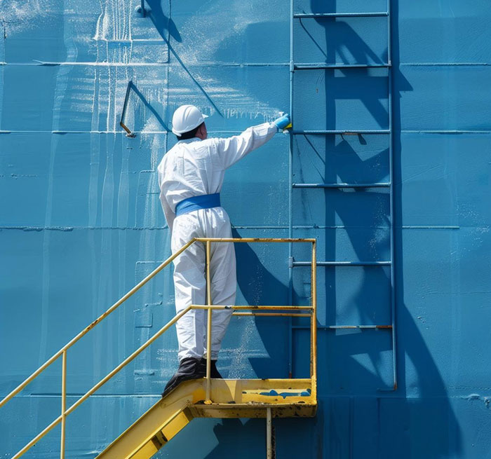 paint_img8 Professional industrial painter applying blue paint to exterior metal surface using a roller