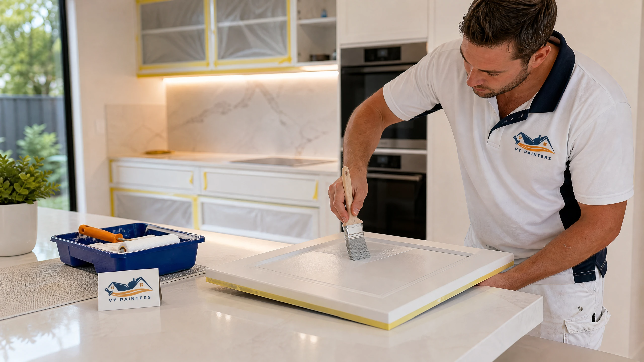 Painter repainting a commercial office interior wall, Melbourne